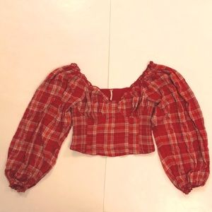 Free People L Top Red Plaid Ruffle Bustier Smocking Very Stretchy Excellent